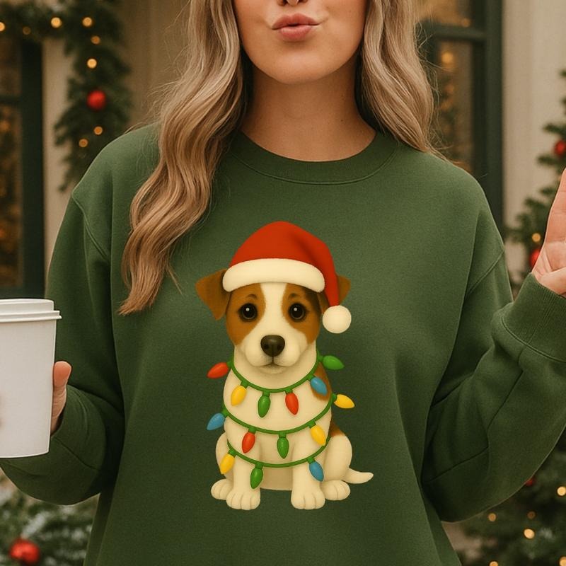 Jack Russell Christmas Dog Sweatshirt Trendy Gift for Women Crewneck Long Sleeve Classic Fit Soft Knit Spandex Polyester...