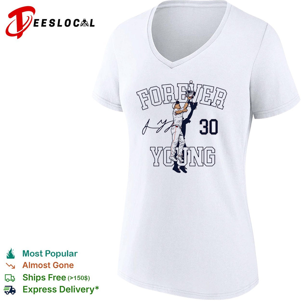 Jacob Young jumping 30 forever young Washington Nationals shirt