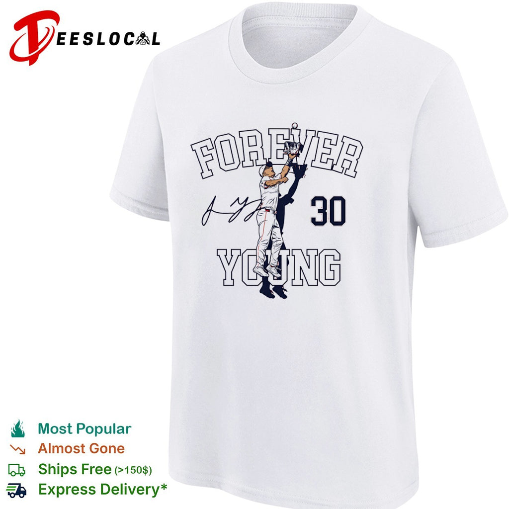 Jacob Young jumping 30 forever young Washington Nationals shirt