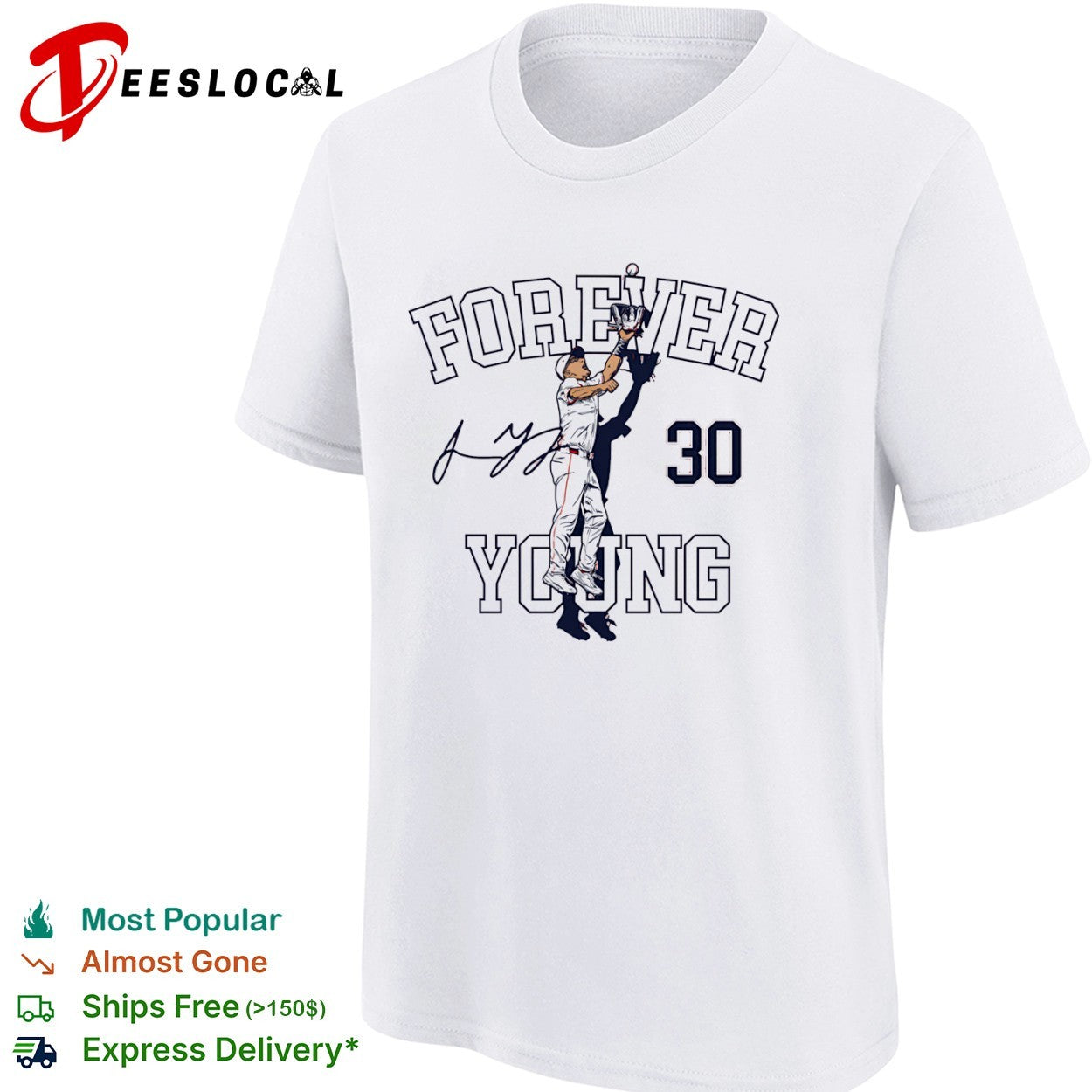 Jacob Young jumping 30 forever young Washington Nationals shirt