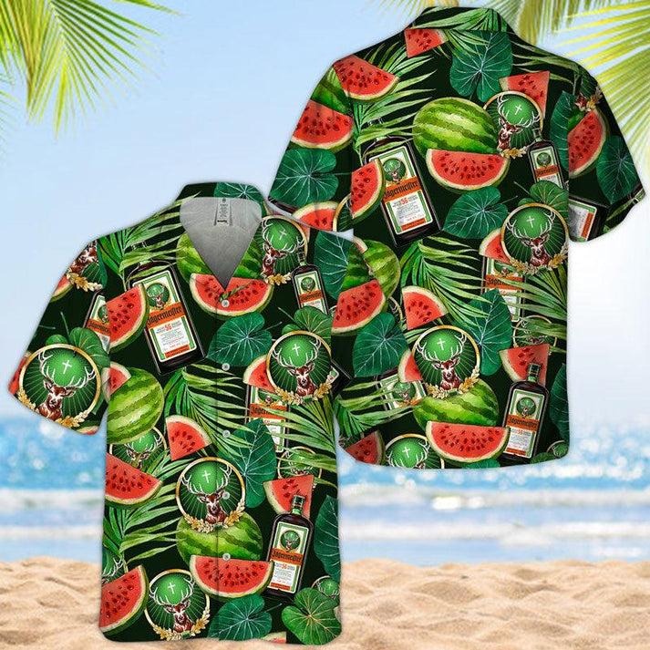 Jagermeister Watermelon Hawaiian Shirt, Tropical Vacation Shirt, Summer Beachwear, Gift for vacation, Vintage Hawaii...