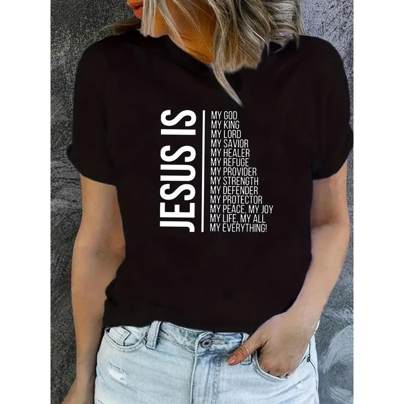Jesus Is Print Faith Graphic T-Shirt, Short Sleeve Crew Neck Casual Top For Spring & Summer, Women's Clothing Hoodie,...