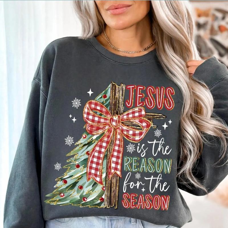 Jesus Is The Reason For A Season Christmas Crewneck Sweatshirt, Preppy Retro Christmas Jesus Cross Sweater, Xmas Gifts...