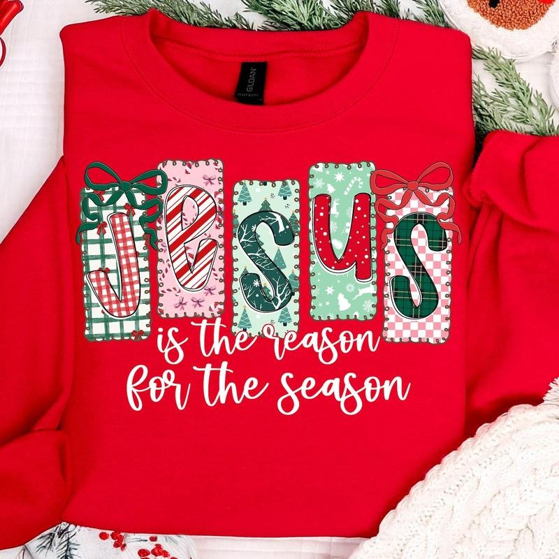 Jesus Is The Reason For The Season Coquette Christian Christmas Cozy Sweater, Preppy Bow Retro Christmas Tree Sweatshirt,...