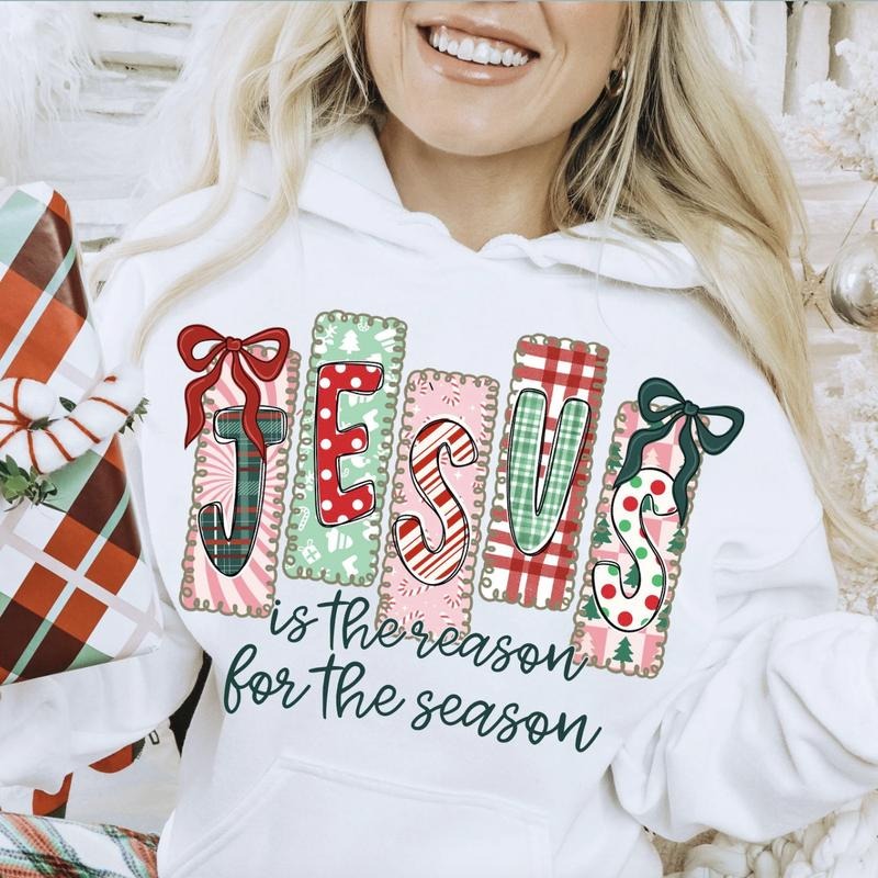 Jesus Is The Reason For The Season Coquette Christian Christmas Hoodie, Preppy Bow Retro Christmas Tree Gingham Tartan...