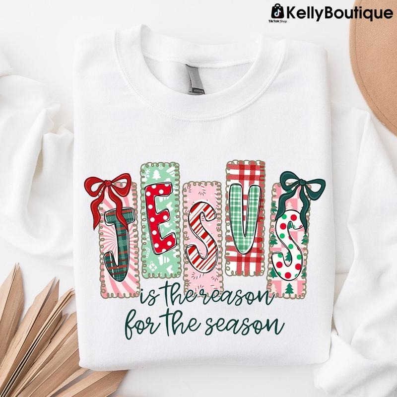 Jesus Is The Reason For The Season Coquette Christian Christmas Sweatshirt, Whimsical Christmas Nativity Bow Trees...