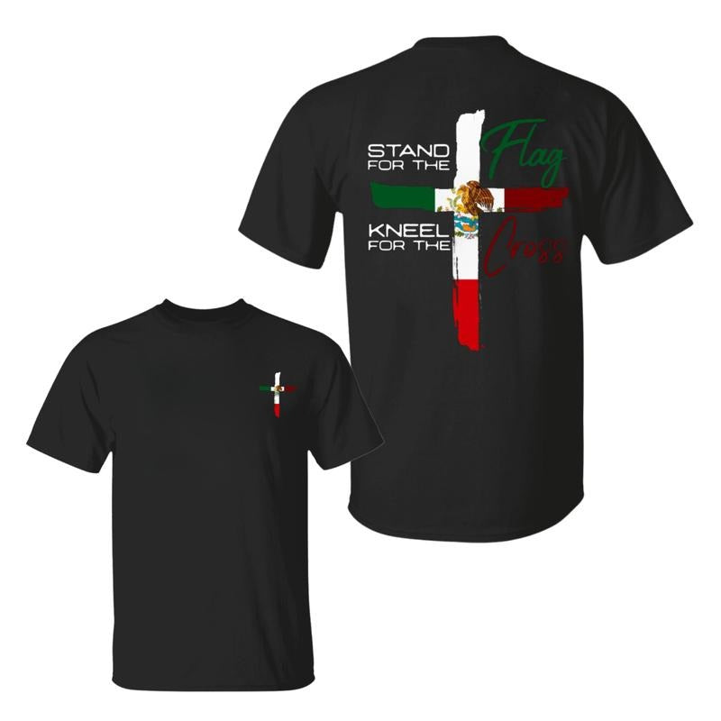 Jesus Mexico Shirt, Stand For The Flag Kneel For The Cross 2 Sided T-Shirt, Graphic Tees for Women Cotton Fabric Casual...