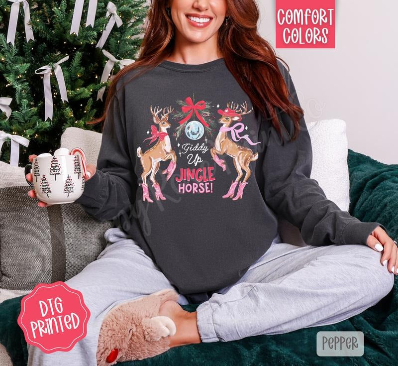 Jingle Horse Comfort Colors Long Sleeve T-Shirt, Cute Women's Christmas Tee Hoodie, Sweatshirt | PodTeesHub.com