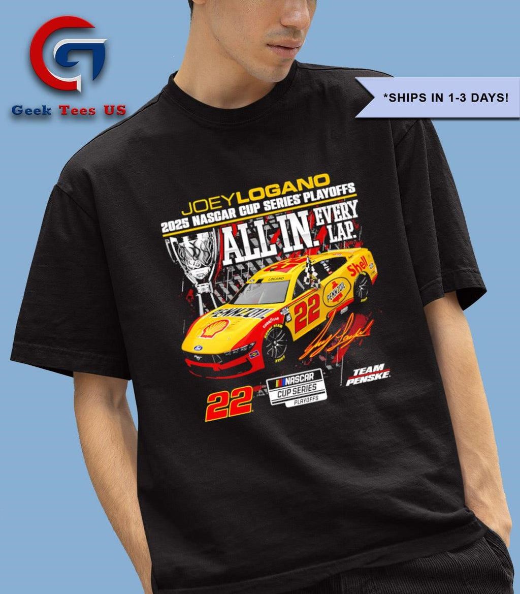 Joey Logano 2025 Nascar Cup Series Playoffs Shell Pennzoil All In Checkered flag signature shirt