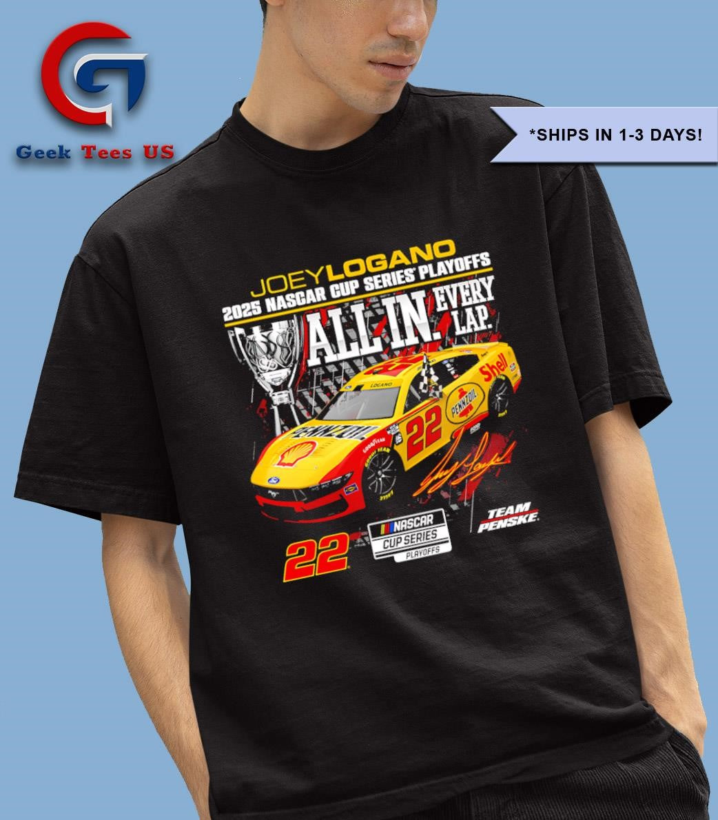Joey Logano 2025 Nascar Cup Series Playoffs Shell Pennzoil All In Checkered flag signature shirt