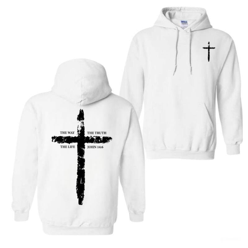 John 14:6 Christian Hoodie with Distressed Cross Graphic, Faith-Based Religious Tee for Daily Wear, Unisex Comfortable...