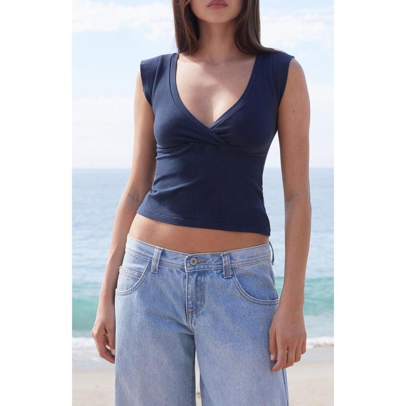 John Galt Women's Blue Amara Surplice Short Sleeve Top T-Shirts, Hoodie, Sweatshirt | PodTeesHub.com