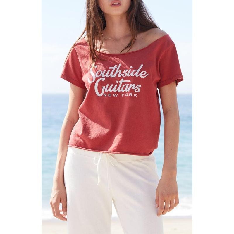 John Galt Women's Red Southside Guitars Off-The-Shoulder Top - Multicolor T-Shirts, Hoodie, Sweatshirt | PodTeesHub.com
