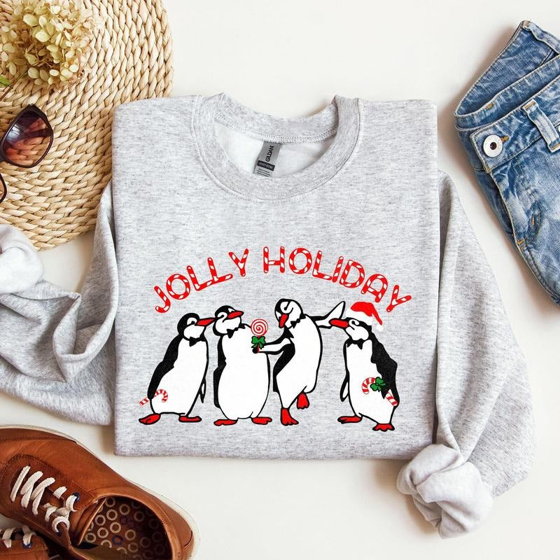 Jolly Holiday, Penguins, Christmas, Winter, Santa Sweatshirt, Women's Crew Neck, Crewneck T-Shirts, Hoodie | PodTeesHub.com