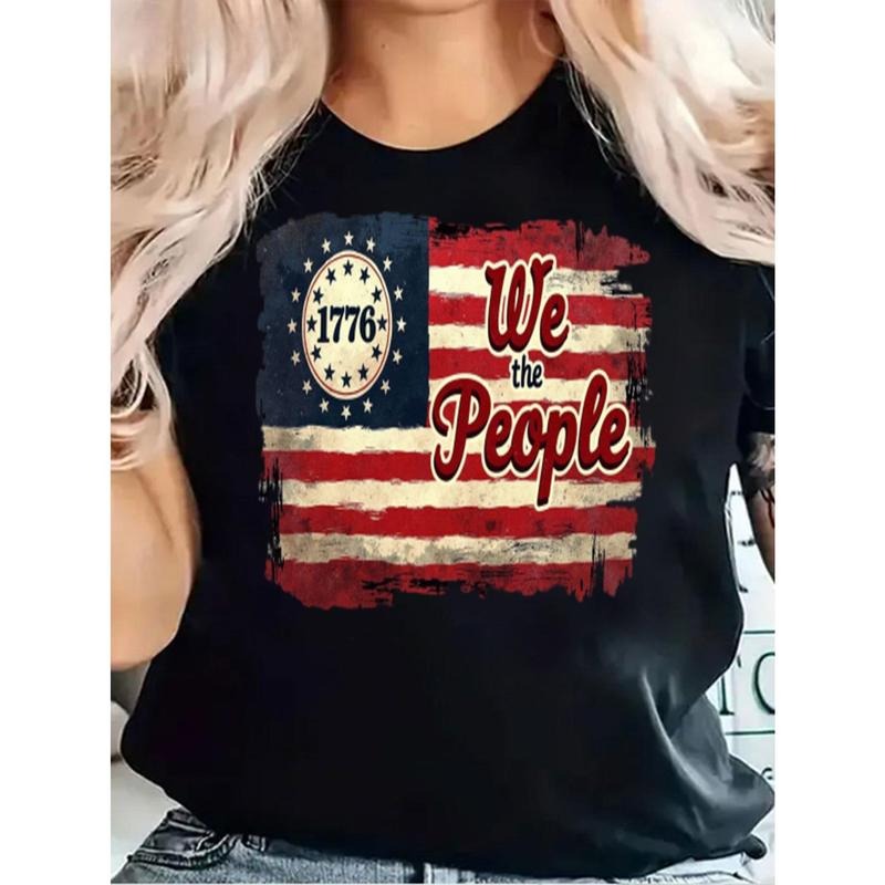 Plus Size Round Neck T-shirt 100% Patriotic We the People 1776 Flag T Shirt for Women Independence Day Casual Tee USA...