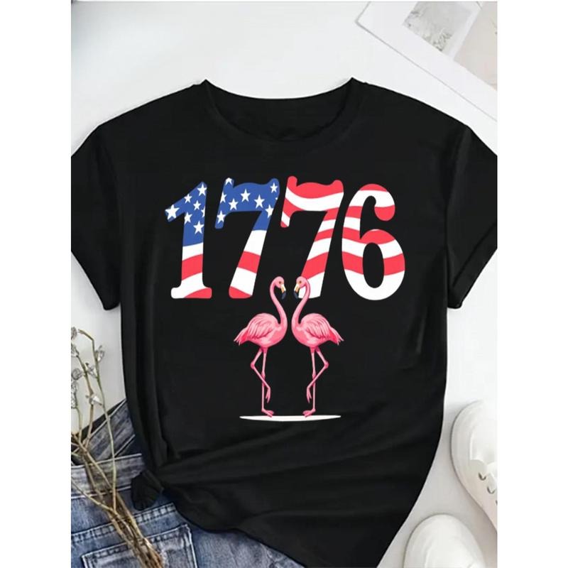 Round Neck T-shirt 100% Patriotic Flamingo 1776 T Shirt for Women Plus Size American Flag Graphic Tee Casual Summer Tops...