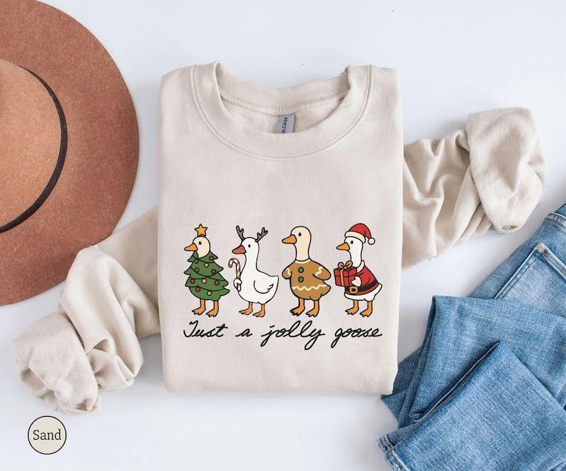 Just A Jolly Goose T-Shirt, Christmas Goose Sweatshirt, Duck Christmas Shirt, Funny Christmas Sweatshirt, Cute Holiday...