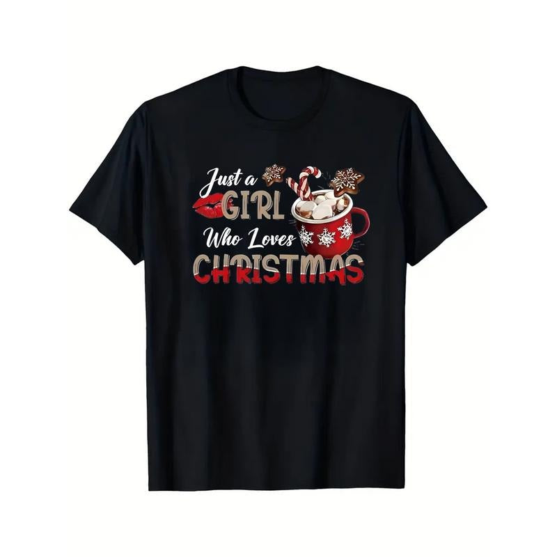 Just a Who Loves Christmas cotton T-shirt plus size red Christmas pattern casual top featuring snowflake and coffee...