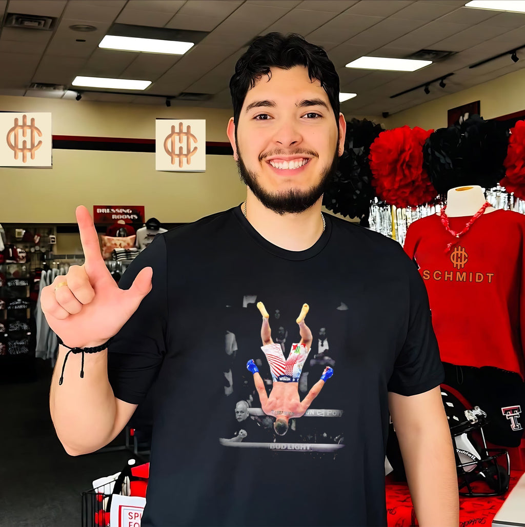 Justin Gaethje air backflip celebration UFC shirt