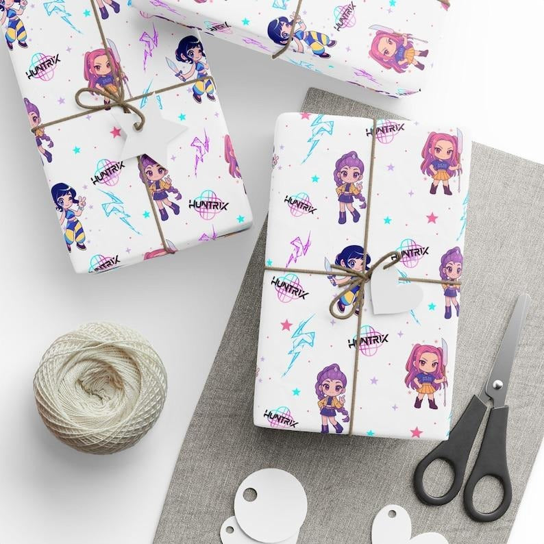 K-Pop Demon Hunter Anime Wrapping Paper, Cute Chibi Gift Wrap, Kawaii Character Paper, Korean Pop Fan Art Aesthetic Gift...