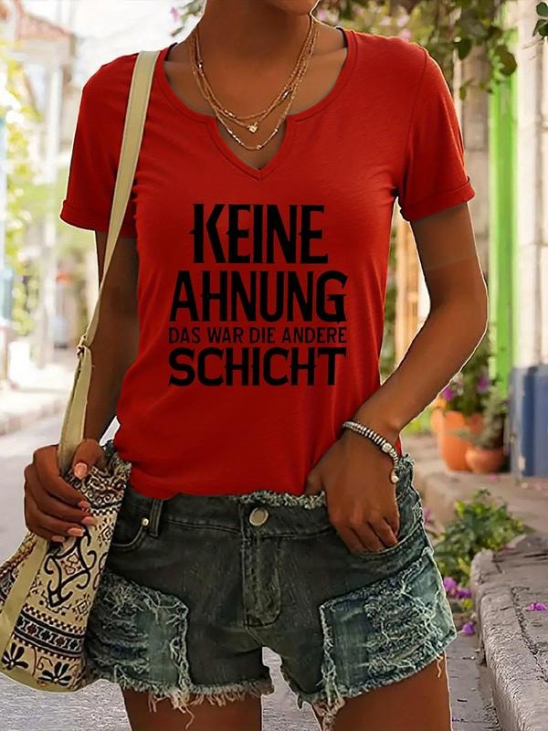 KEINE AHNUNG DAS WAR DIE ANDERE SCHICHT letter print t-shirt, short sleeve v neck casual top for summer & spring, women's...