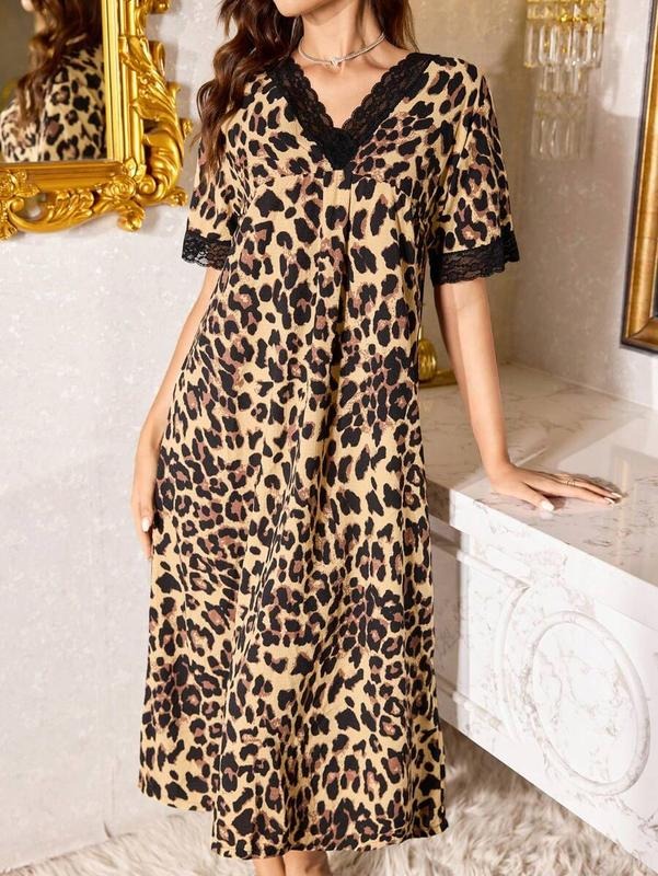 Kaitlin Contrast Lace Leopard Print Short Sleeve Women Nightgown, Moo Moo T-Shirts, Hoodie, Sweatshirt | PodTeesHub.com