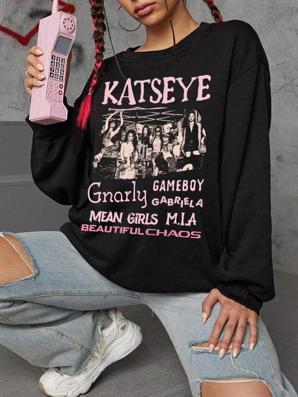 Katseye Beautiful Chaos Sweater, K-Pop Hoodie, Loose-Fitting O-Type Silhouette, Casual Letter Pattern, All Seasons Wear...