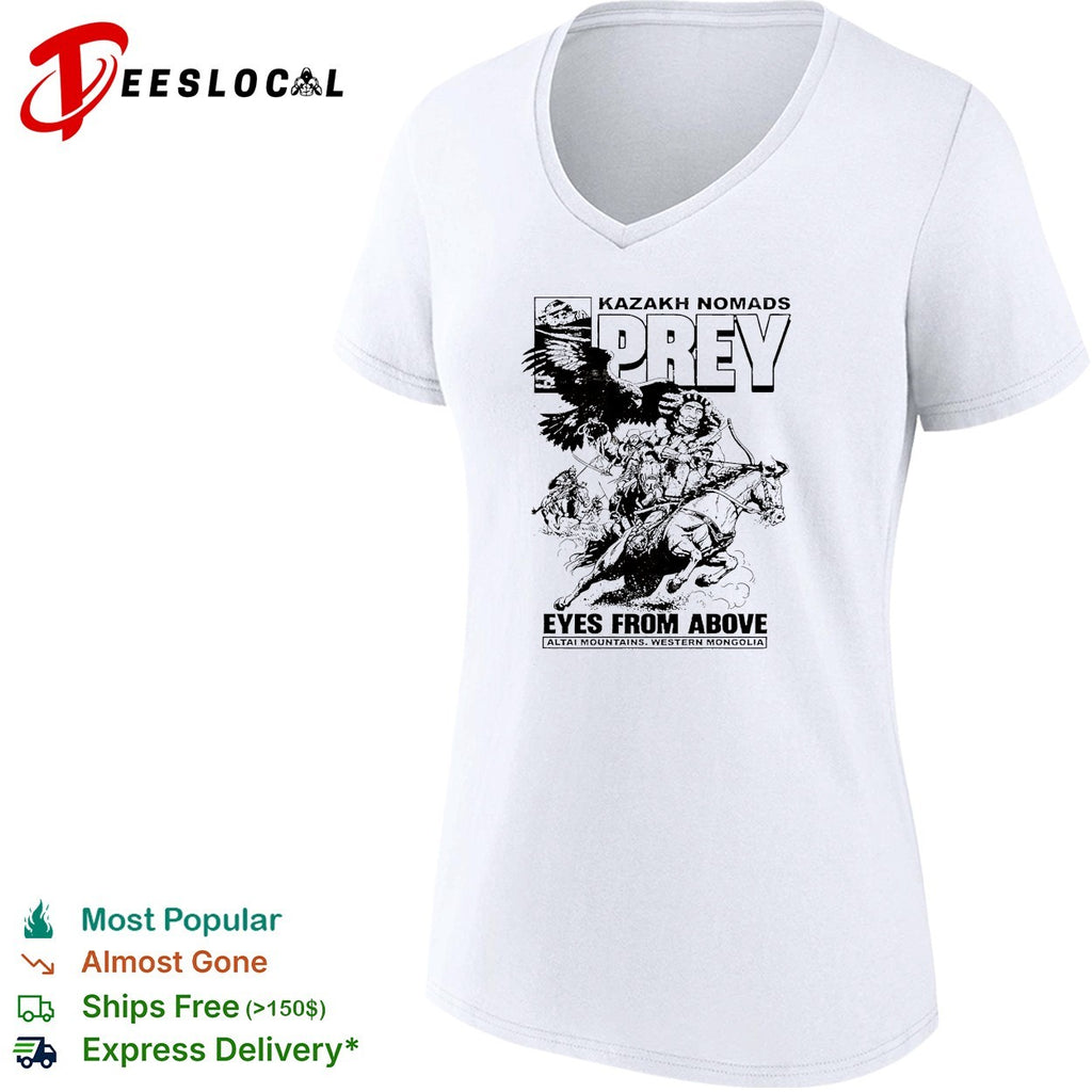 Kazakh nomads prey eyes from above altai mountains western mongolia eagle rider shirt