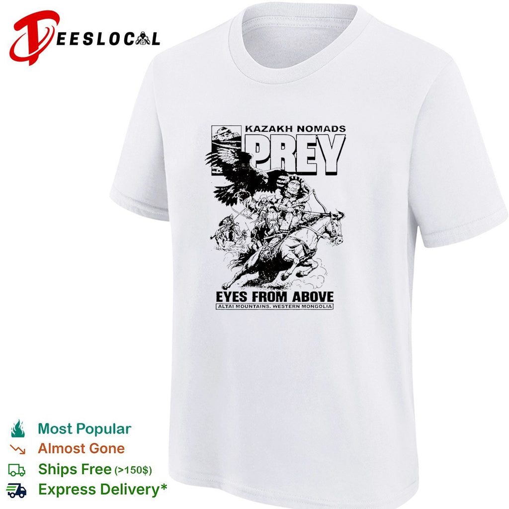 Kazakh nomads prey eyes from above altai mountains western mongolia eagle rider shirt
