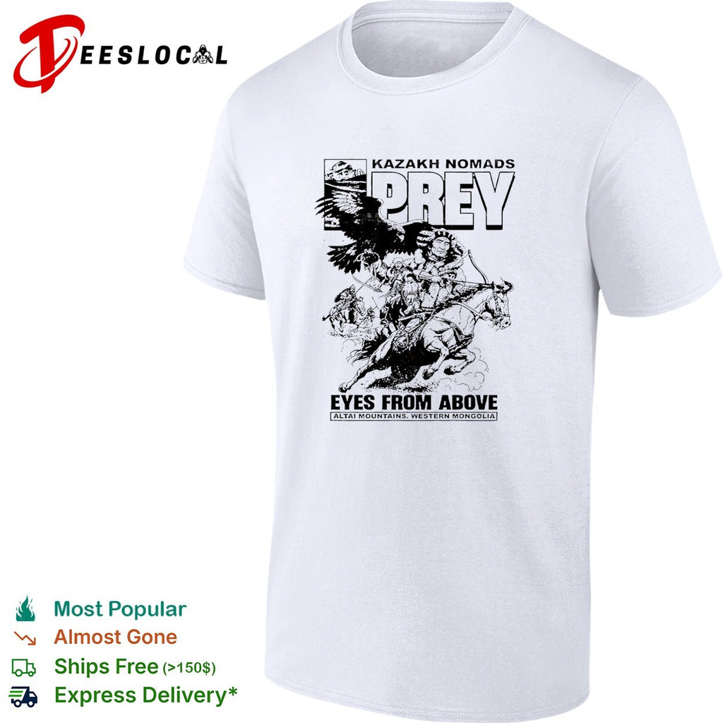 Kazakh nomads prey eyes from above altai mountains western mongolia eagle rider shirt