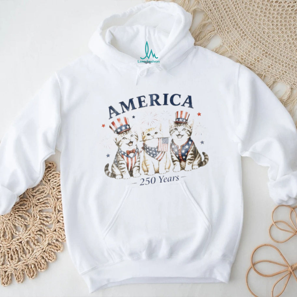 Kittens holding american flags patriotic fireworks America 250 Years cotton shirt