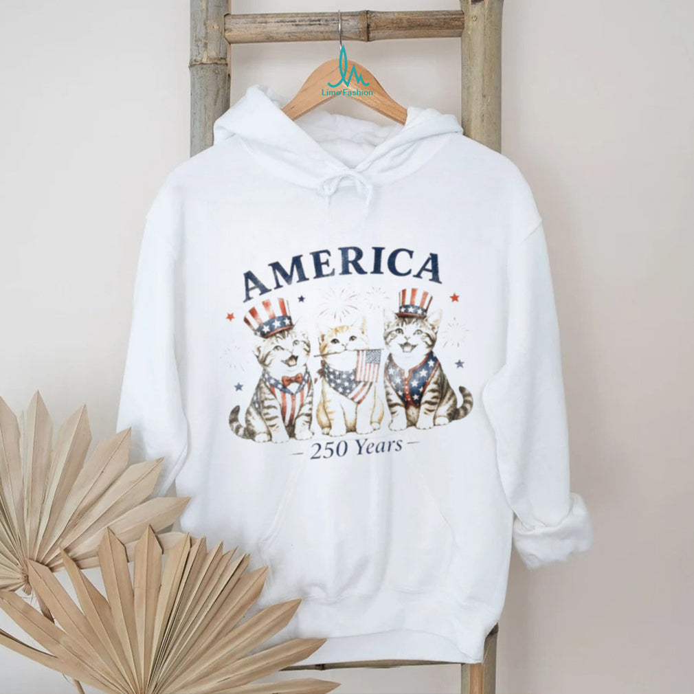Kittens holding american flags patriotic fireworks America 250 Years cotton shirt