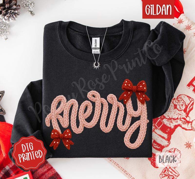 Knit Merry Sweatshirt, Christmas Sweater, Trendy Women's Holiday Crewneck T-Shirts, Hoodie | PodTeesHub.com
