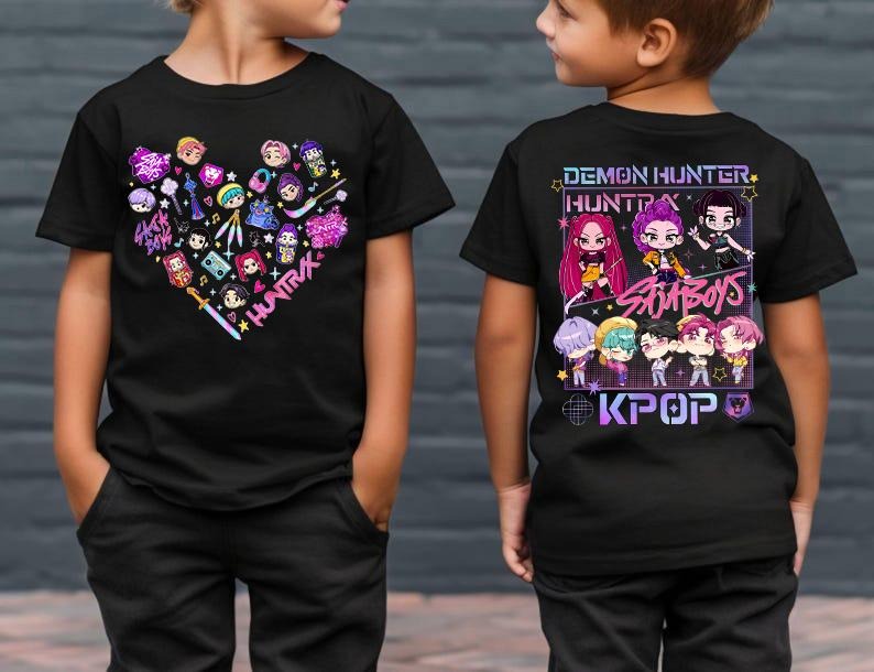Kpop Demon Hunters 2 Side Youth T-Shirt, Kpop Huntrix PIN, Saja Boys Shirt, Demon Hunter Merch, Halloween T Shirts, Kpop...