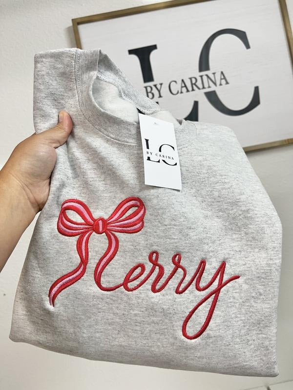 LC by Carina Merry Script Bow Embroidered Christmas Sweatshirt Cozy Holiday Crewneck Cute Women's Pullover for Festive...