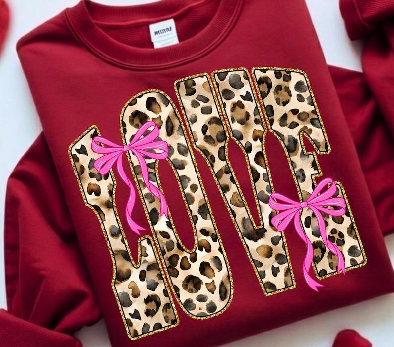 LOVE Valentine Letter Sweater, Leopard Print Bow With Preppy Coquette Bow Shirt, Valentine Gifts Hoodie, Sweatshirt