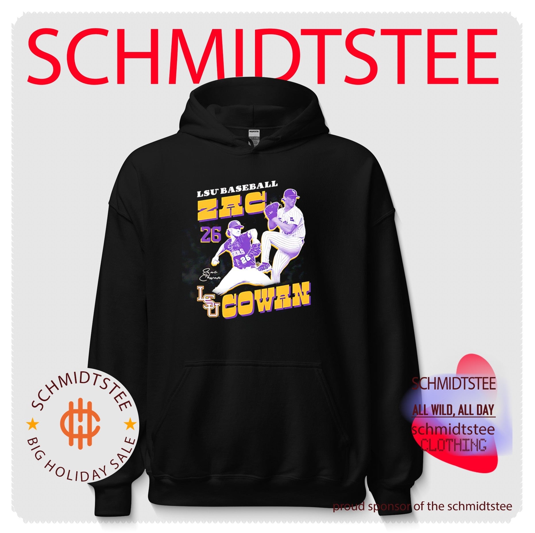 LSU baseball Zac Cowan number 26 leg lift pose shirt