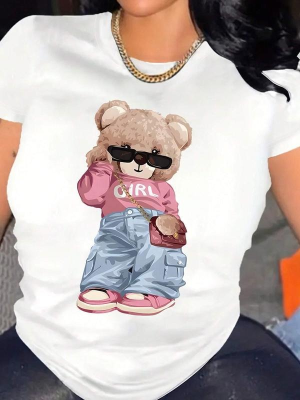 Ladies' Bear Print Regular Round-Neck T-Shirt, A Casual Basic Top Suitable For Daily Wear Throughout The Four Seasons...