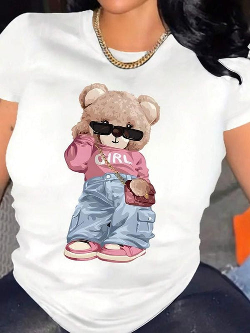 Ladies' Bear Print Regular Round-Neck T-Shirt, A Casual Basic Top Suitable For Daily Wear Throughout The Four Seasons...