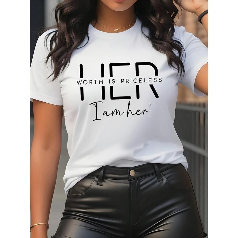Ladies' Fashionable Letter Print Tee - Soft, Breathable, Casual Round Neck Summer Top for Daily Wear - Stylish,...