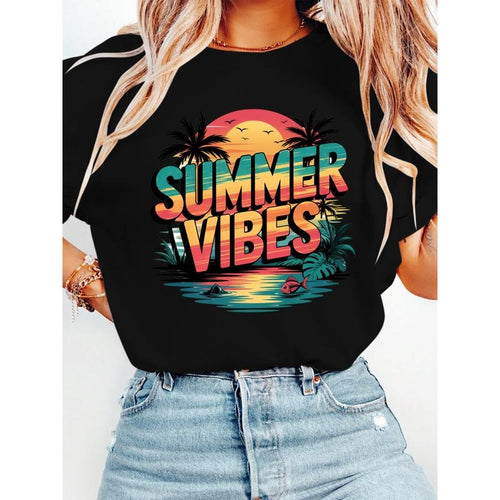 Ladies' T - Shirt: Embrace the Retro Summer Aesthetic with 'Summer Vibes' Design, Featuring Tropical Sunsets and Palm...