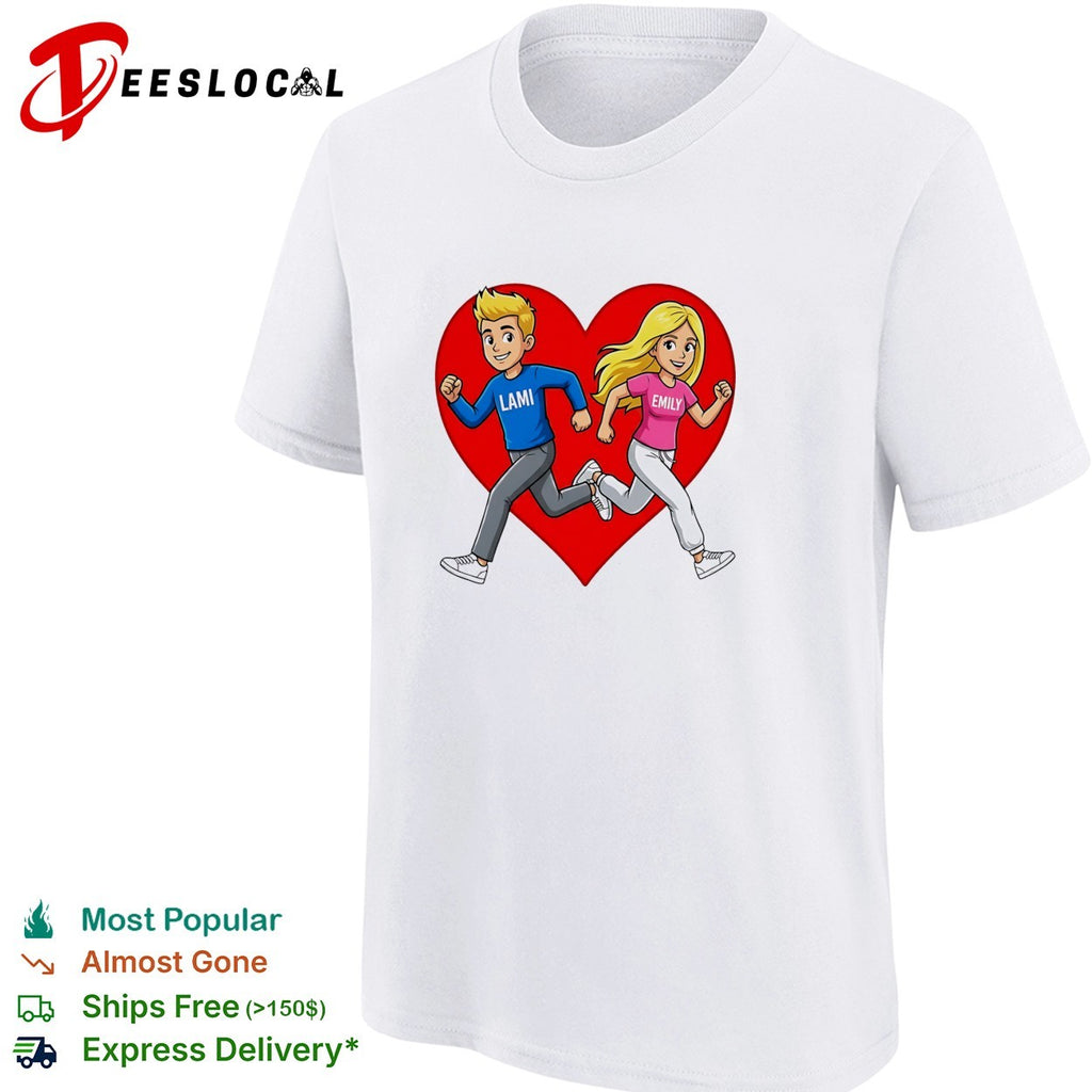 Lami and Emily cartoon couple running heart shirt