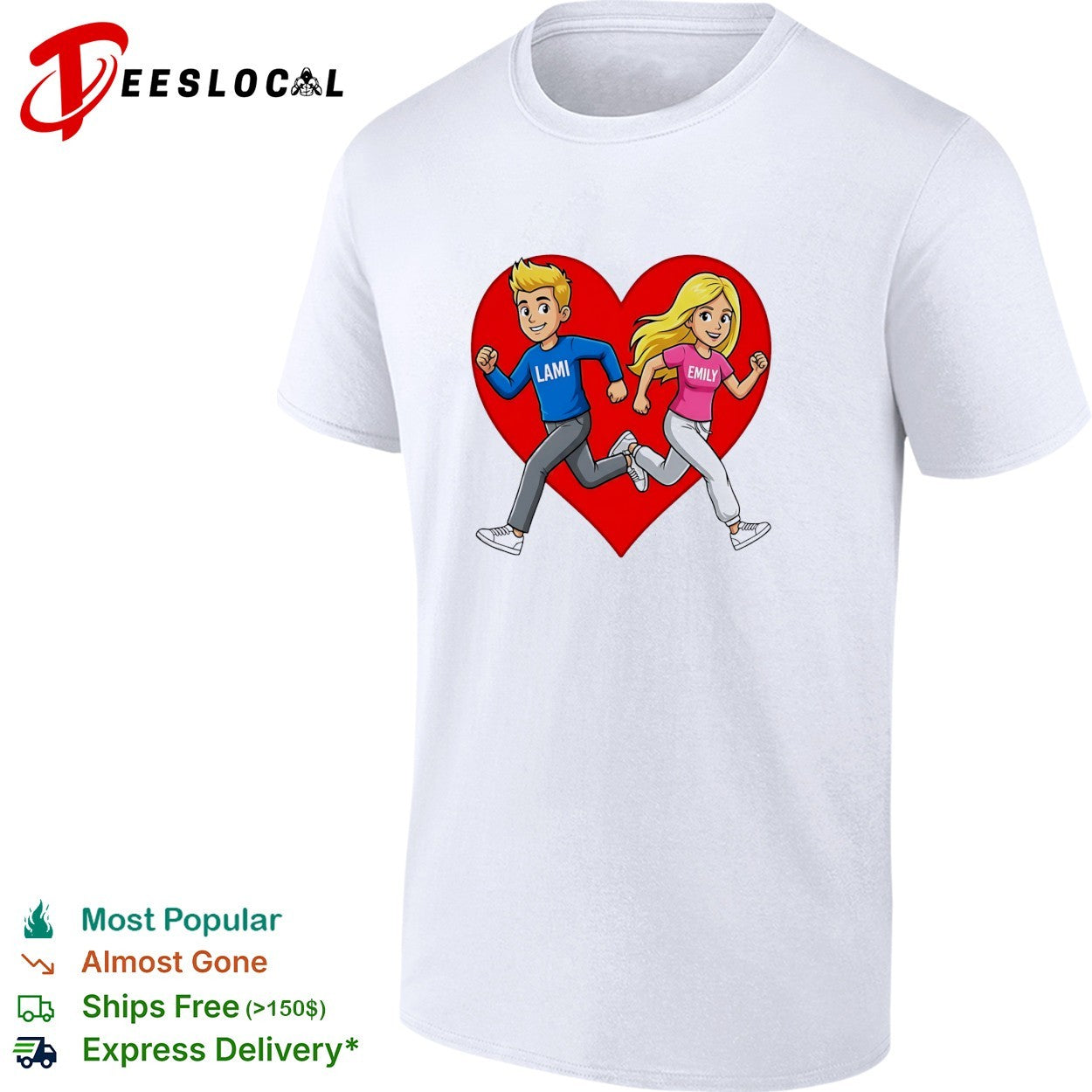 Lami and Emily cartoon couple running heart shirt