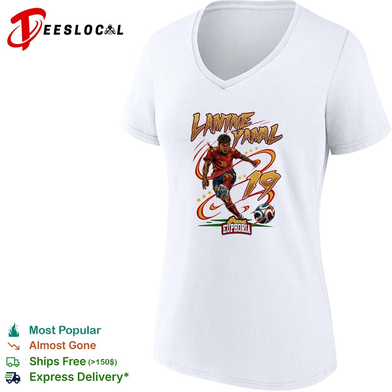 Lamine Yamal Spain number 19 kicking Planet Euphoria football shirt