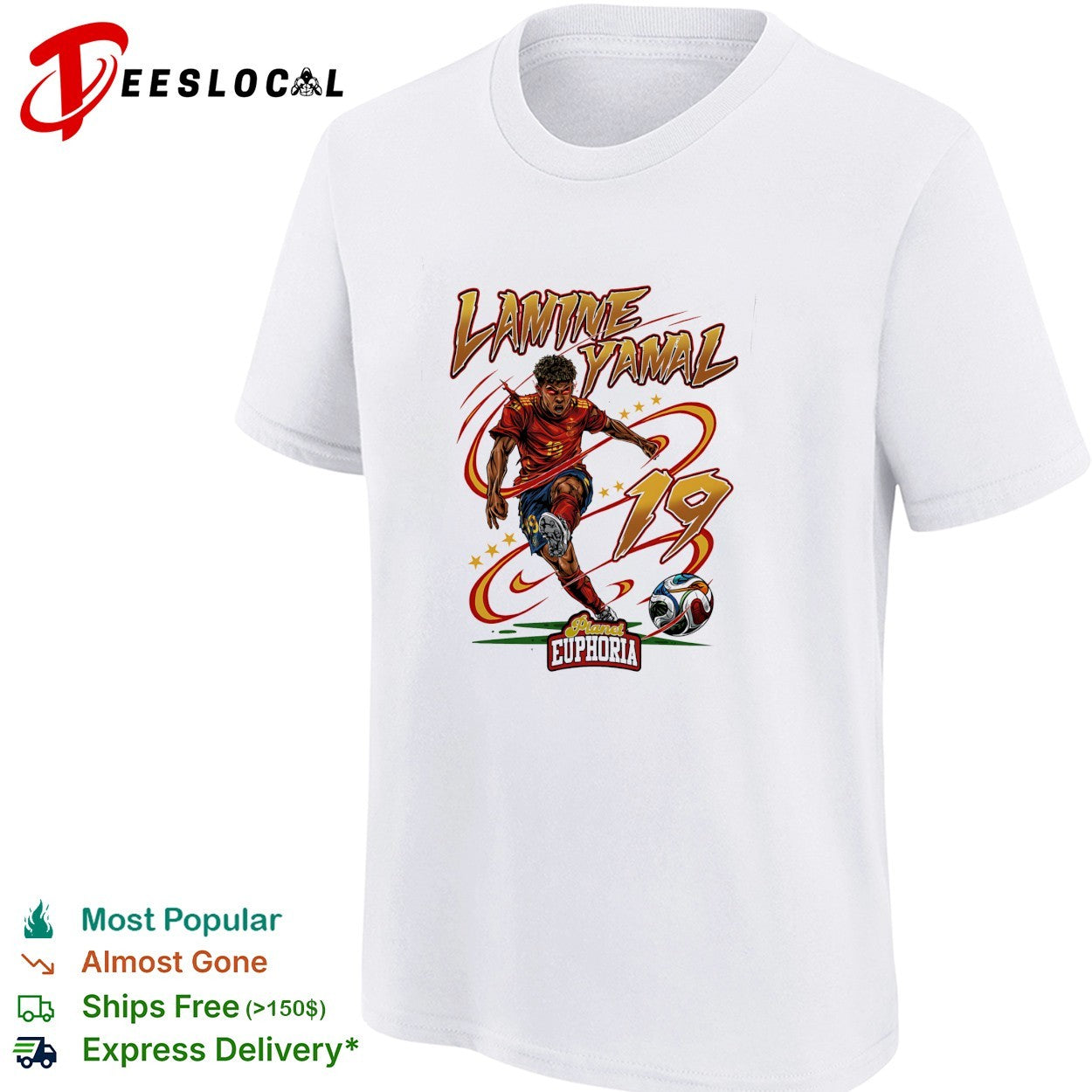 Lamine Yamal Spain number 19 kicking Planet Euphoria football shirt
