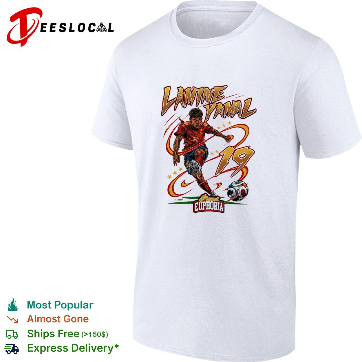 Lamine Yamal Spain number 19 kicking Planet Euphoria football shirt