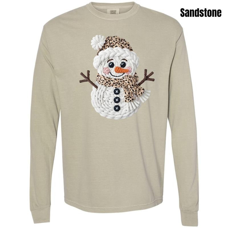 Leopard & White Snowman Fake Crochet Long Sleeve Comfort Colors T-Shirt 'NLB' Hoodie, Sweatshirt | PodTeesHub.com