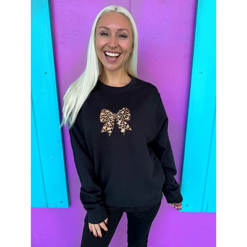 Leopard Luxe Bow Embroidered Sweatshirt T-Shirts, Hoodie | PodTeesHub.com