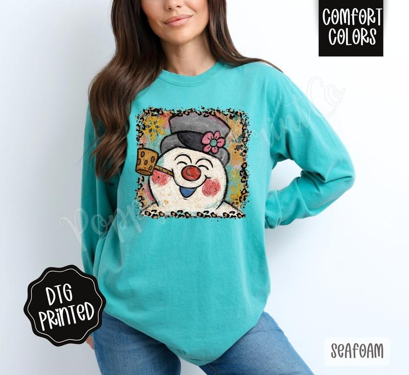 Leopard Painted Snowman Long Sleeve TShirt, Trendy Women's Winter Tee Hoodie, Sweatshirt | PodTeesHub.com