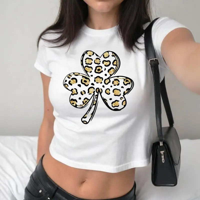 Leopard Shamrock Baby Tee For Women, St Patrick's Day Baby Tee, Y2K 2000's Style, Streetwear Style Baby Tee, Gift for Her...